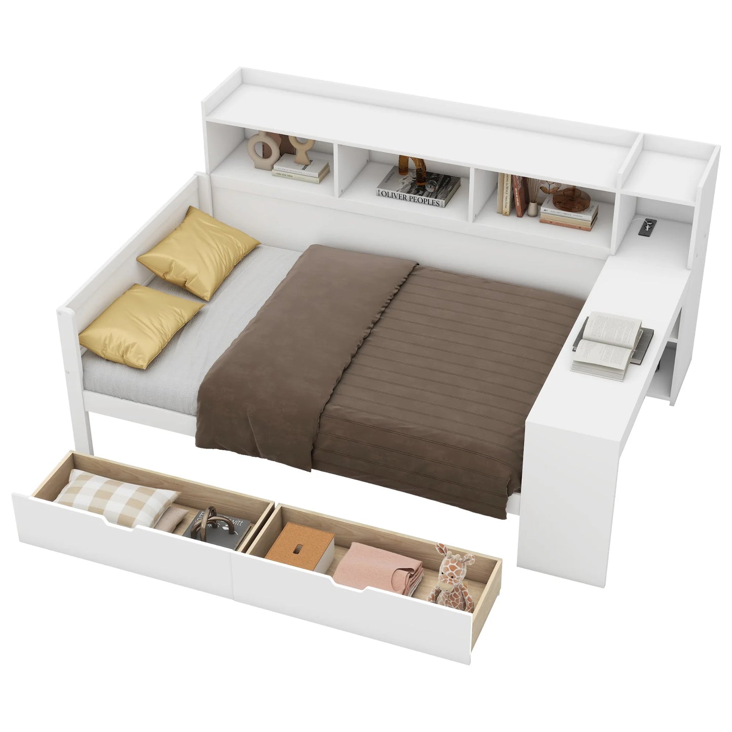 Merax Schlafsofa Daybett 90x200 cm Nachttischablage Untertischablage Bett mit Steckdose USB 2 Schubladen Schreibtisch ohne Matra