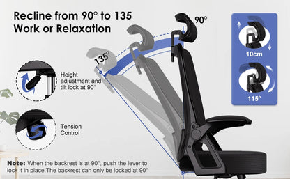 AUTHMIC Ergonomischer Bürostuhl – faltbare Armlehnen, verstellbare Rückenlehne, verstellbare Kopfstütze, verstellbare Lendenwirbelsäule, maximale Belastung 150 kg,