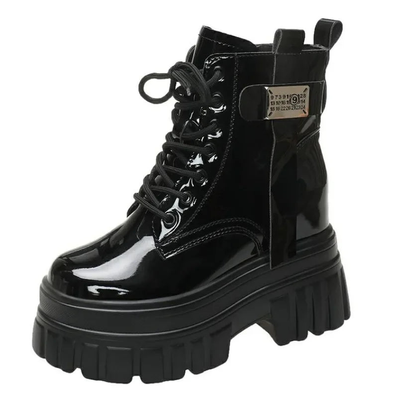 Women's High Platform Motorcycles Boots Winter 10CM Wedge Heels Warm Ankle Boots Chunky Sneakers New Autumn Leather Shoes Woman.