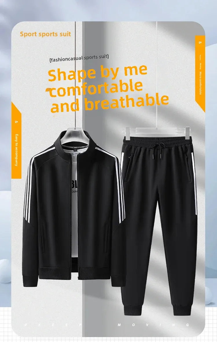 New Casual Men's Sport Suit Striped Ankle-Length Cotton Stand Collar Jacket With Three Buttonts Slim Fit Pants 2-Piece Set.