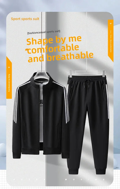 New Casual Men's Sport Suit Striped Ankle-Length Cotton Stand Collar Jacket With Three Buttonts Slim Fit Pants 2-Piece Set.