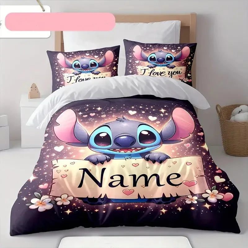 Customizable Stitch Anime Duvet Cover with 2 Pillowcases Cartoon Personalized Name Bedding Set for Women Children Teens.