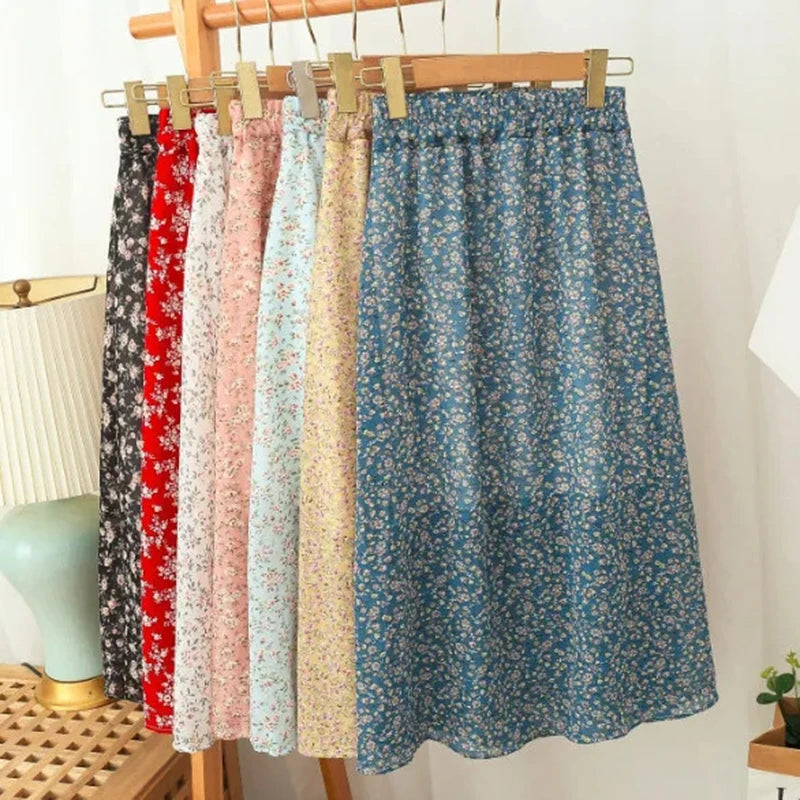 Gidyq Women Chiffon Midi Skirt Korean Fashion Floral Loose Skirts High Waist Female Casual All Match A Line Skirts Summer New.