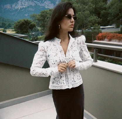 Tuularose Luxury Lace Blouse Fashion Lace Print Single Breasted Slim Shirt Vintage Elegant Party Looks Summer Women Blouse Tops