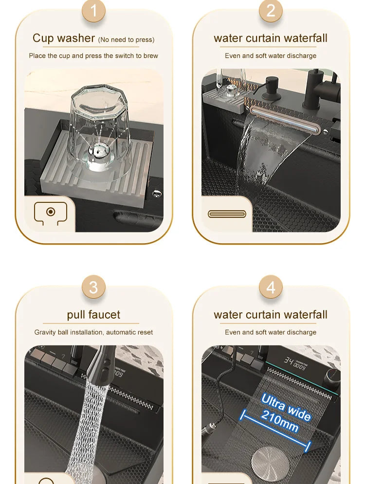 Edelstahl-Küchenspüle mit Wasserfall-Wasserhahn, integrierte Digitalanzeige, geprägtes Waschbecken für die Küche