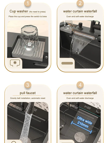 Edelstahl-Küchenspüle mit Wasserfall-Wasserhahn, integrierte Digitalanzeige, geprägtes Waschbecken für die Küche