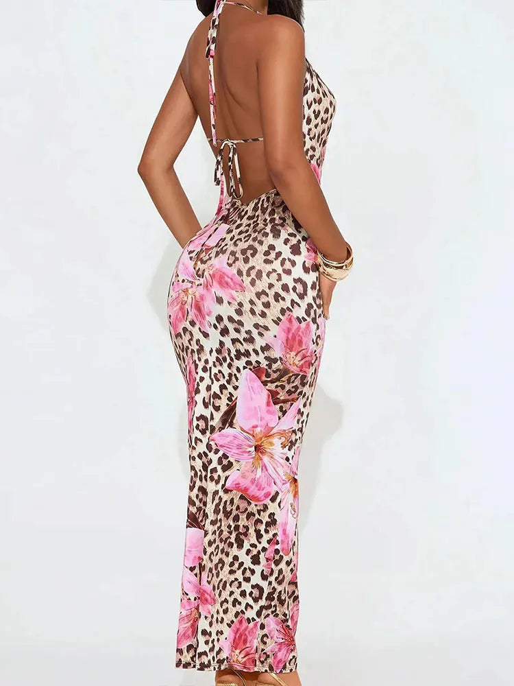 Neue frauen Kleider Sommer Sexy Backless Print Leopard V-ausschnitt Kleid Streetwear Fashion Halter Lace-up Weibliche Kleider Kleidung.