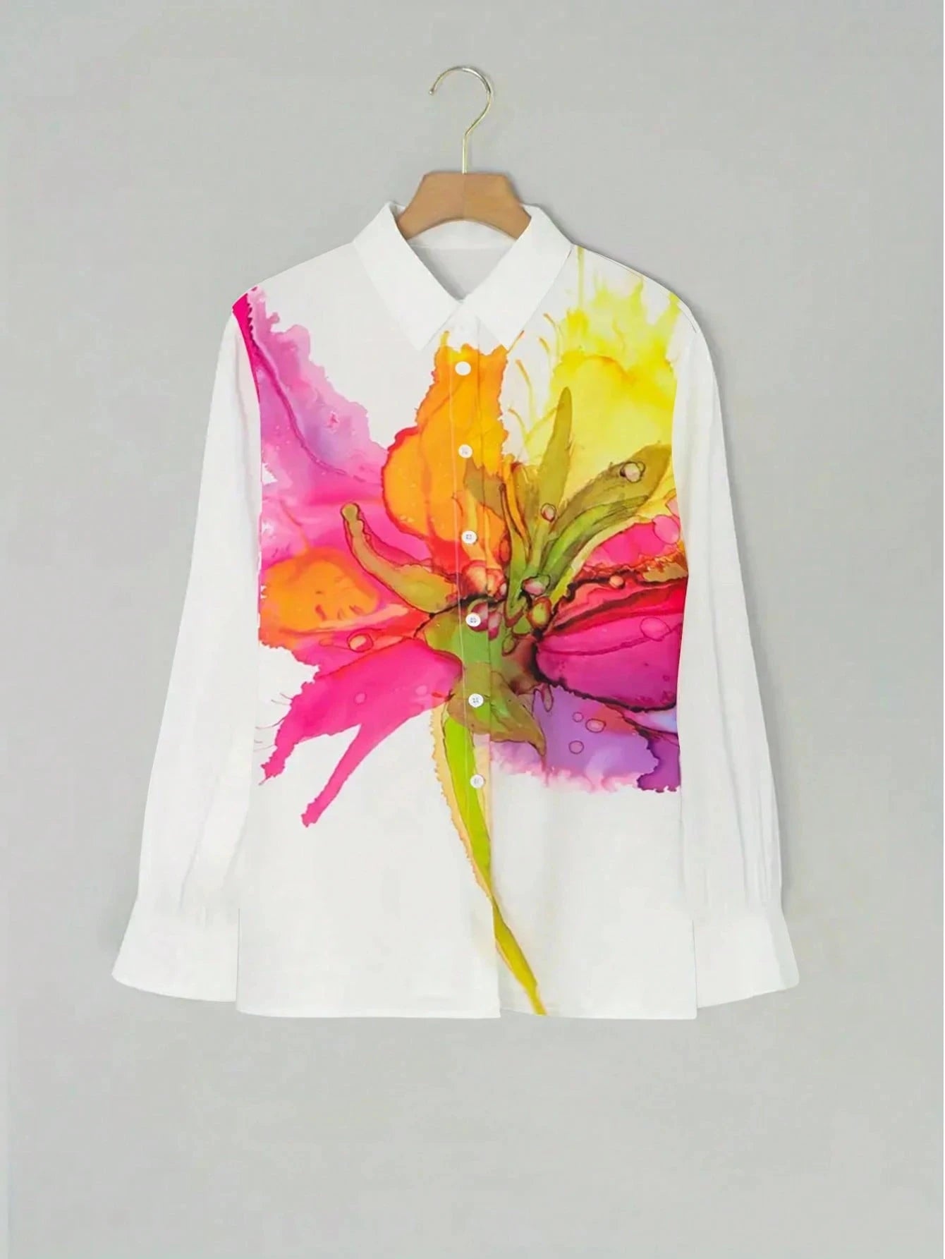 Women's Floral Tie Dye Print Long Sleeve Shirt Office Elegant Fashion Single Breasted Casual Shirt.