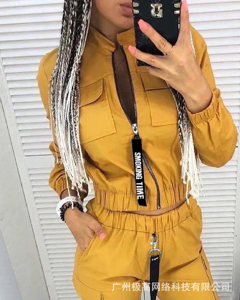 New Women Fashion Casual Autumn Winter 2pcs Clothes Set Pockets Zipper Long Sleeve Top Elastic Waist Pants Cargo Solid Color.