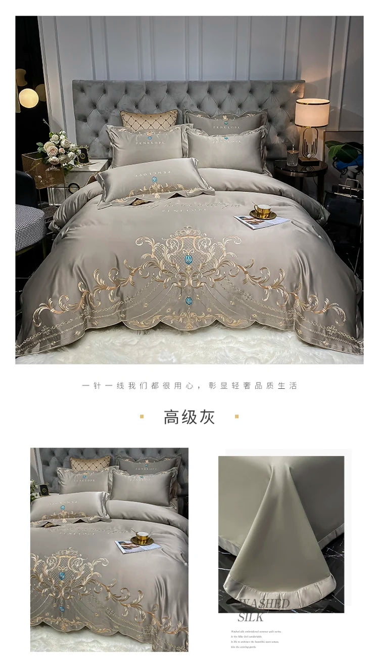 European-Style Bed Sheet Four-Piece Set 100 Cotton High-End Atmospheric Ice Silk Quilt Cover Pure Cotton Bedding.