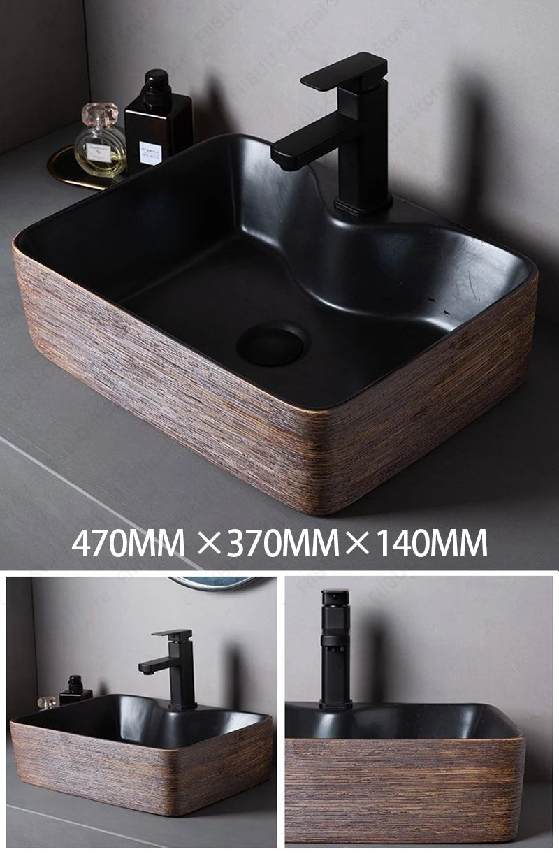 Braunes Porzellan-Keramik-Waschbecken über der Theke, Waschtisch, Schüsselbecken, Badezimmer, Sanitär, Balkon, Tisch, Waschbecken, Arbeitsplatte, ovales Waschbecken