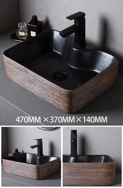 Braunes Porzellan-Keramik-Waschbecken über der Theke, Waschtisch, Schüsselbecken, Badezimmer, Sanitär, Balkon, Tisch, Waschbecken, Arbeitsplatte, ovales Waschbecken