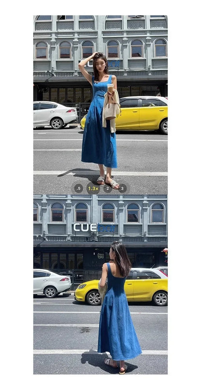 Blue Mist Love Französisches Jeanskleid für Damen, Sommer, einzigartiges Design, Taille, Cinching-Riemen, langes Kleid, elegante blaue Polyesterfaser.