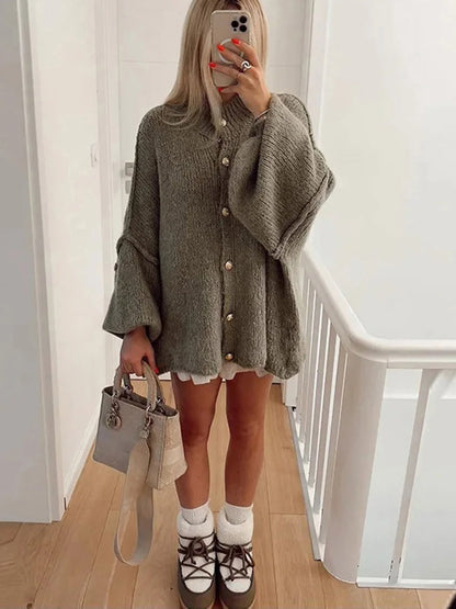 TRAF Women's Bat Sleeve Cardigan Sweater Temperament Lapel Metal Button Decoration Fashion Jacket Casual Commuter Women's Tops.