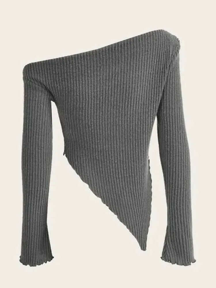 Women Solid Autumn Winter Grunge Asymmetrical Neck Rib-knit Tee Strapless Blouse Long Sleeve Casual Sweater Handkerchief Hem.
