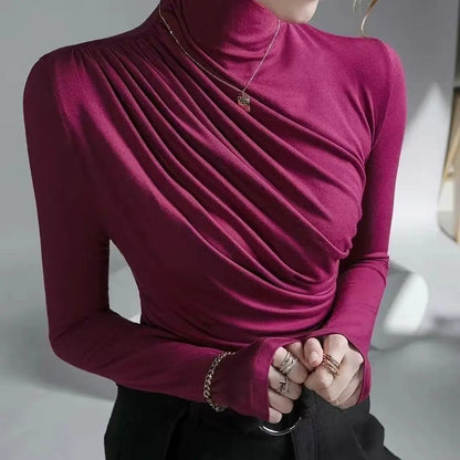 Simplicity Office Lady Autumn/Winter Women's Solid Turtleneck Pleated Temperament Fashion Slim Long Sleeve Bottoming Shirt Tops