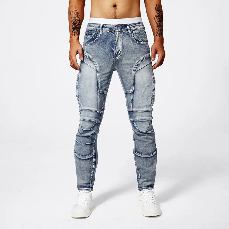 Two tone distressed patchwork jeans for men trendy jeans for summer thin straight leg pants slim fit small leg distressed jeans.