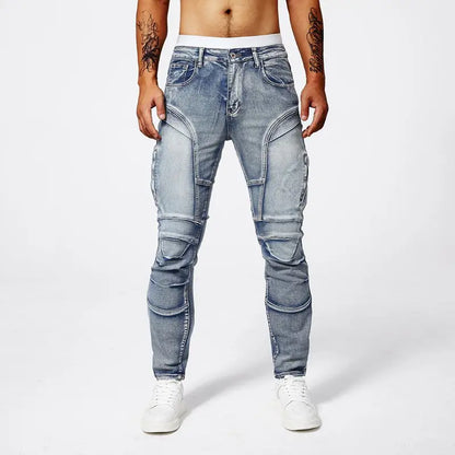 Two tone distressed patchwork jeans for men trendy jeans for summer thin straight leg pants slim fit small leg distressed jeans.