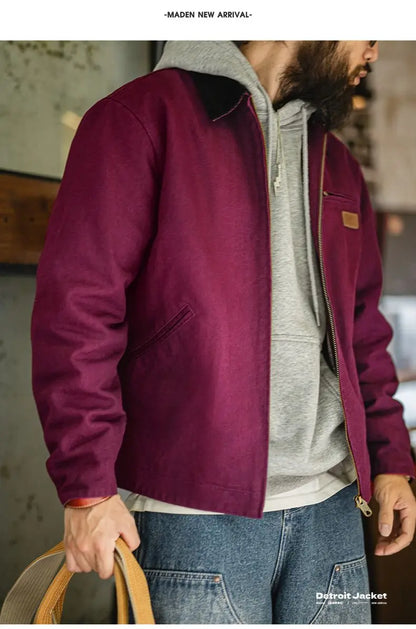 Maden Men's Retro J001 Detroit Jacket Heavyweight Canvas Hunting Coat Lapel Collar Work Jackets with Zipper for Spring Fall