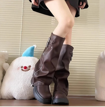 Punk Style Splicing Thick Bottom Women Knee-High Boots Fashion Zipper Female Pleated Knight Long Booties Shoes.