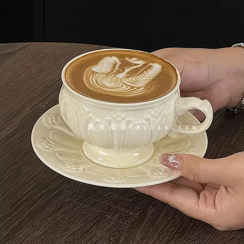 French Retro Relief Flower Cup and Dish Set, Ceramic Coffee Cup, Afternoon Tea Latte Cup, Artistic Home Decoration, Holiday Gift.