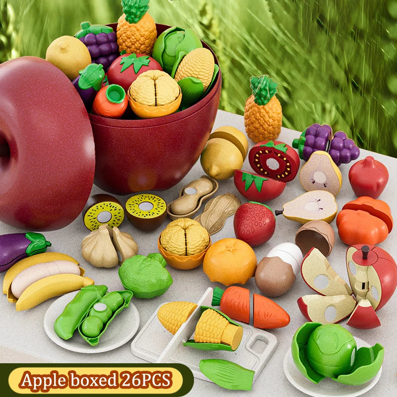 Kid Pretend Play Kitchen Toy Set Simulation Cut Fruit Vegetables Sensory Game Make Pizza Food Cook Girl Interactive Education To.
