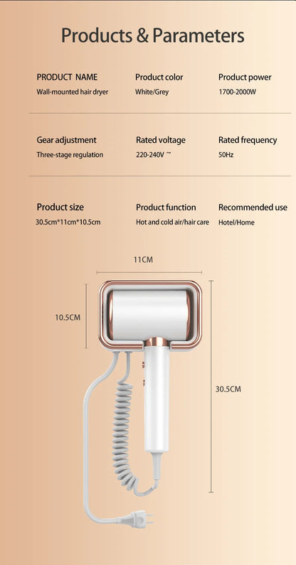 220V Hotel Wall Mounted Hair Dryer Hotel Non punching Negative Ion Hair Protection Cold and Hot Air High Power Hair Dryer