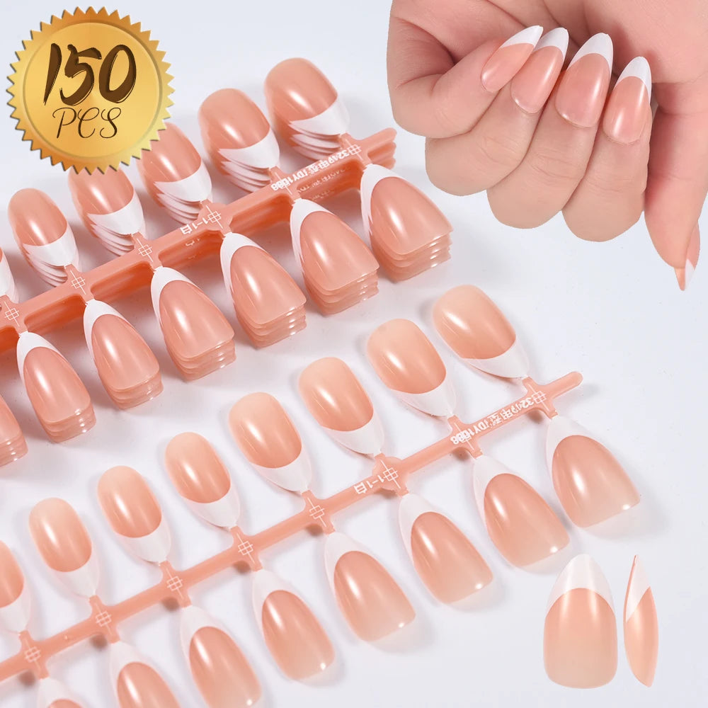150Pcs Pre-made French False Nails Scarless Coffin Almond Fake Nail Artificial Fingernails Press on Nails for Nail Extension.