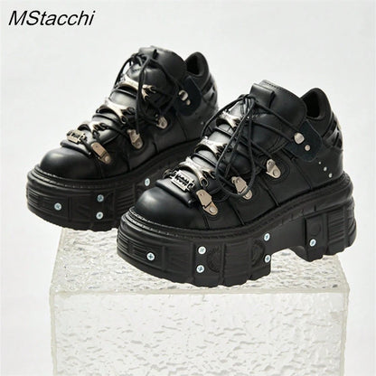 Punk Stil Frauen Schwarze Schuhe Rock Metall Dekor Lace-up Ferse Höhe Plattform Schuhe Gothic Mann Turnschuhe Frauen Stiefeletten 2025, Neue