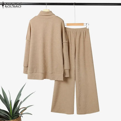 ZANZEA Gestrickte 2-teilige Hosen-Sets für Damen, lässig, lockerer Rollkragen, Langarm-Pullover und Hosenanzüge mit weitem Bein, tägliche Outfits