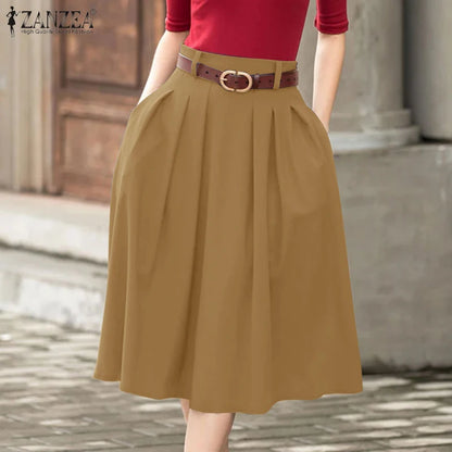 ZANZEA Summer Solid Midi Skirt Elegant Women High Waist Work OL Skirts Fashion A-line Jupes Stylish Party Faldas Saia  Plus Size.