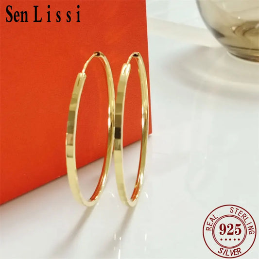 Senlissi - New Fashion18K Gold Plated Hoop Earrings For Women 925 Sterling Silver 2.0mm Fashion Earring Cерьги Kольца 3/4/5/6CM.