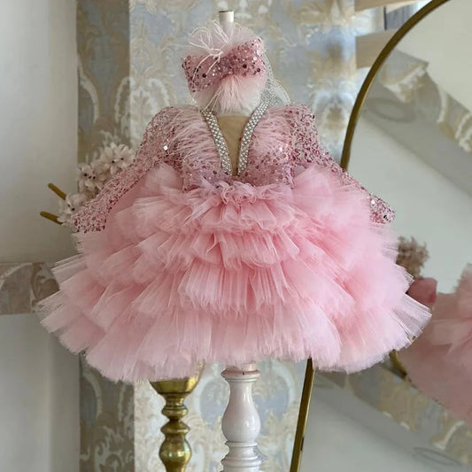Wunderschönes und elegantes langärmliges Mädchenkleid mit V-Ausschnitt und Pailletten für Kinderklavieraufführungen, Laufsteg-Performance-Mesh-Kuchenkleid