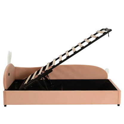 Polsterbett, Einzelbett, Babybett, niedlicher Hasenkopf, hydraulisches Bett mit Stauraum, erhöhter weicher Zaun, Samt, rosa + weiß, 90 x 200 cm