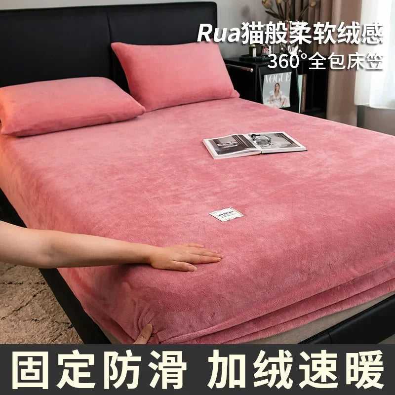 Warm Plush Fitted Sheet Elastic Mattress Cover Fluffy Velvet Fleece Bed Linen Couple Thermal Double Bed Not Included Pillowcase