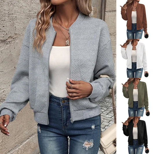 Damen Herbst und Winter neue einfarbige einfache und exquisite Reißverschlussjacke Baseballkragen Freizeitjacke