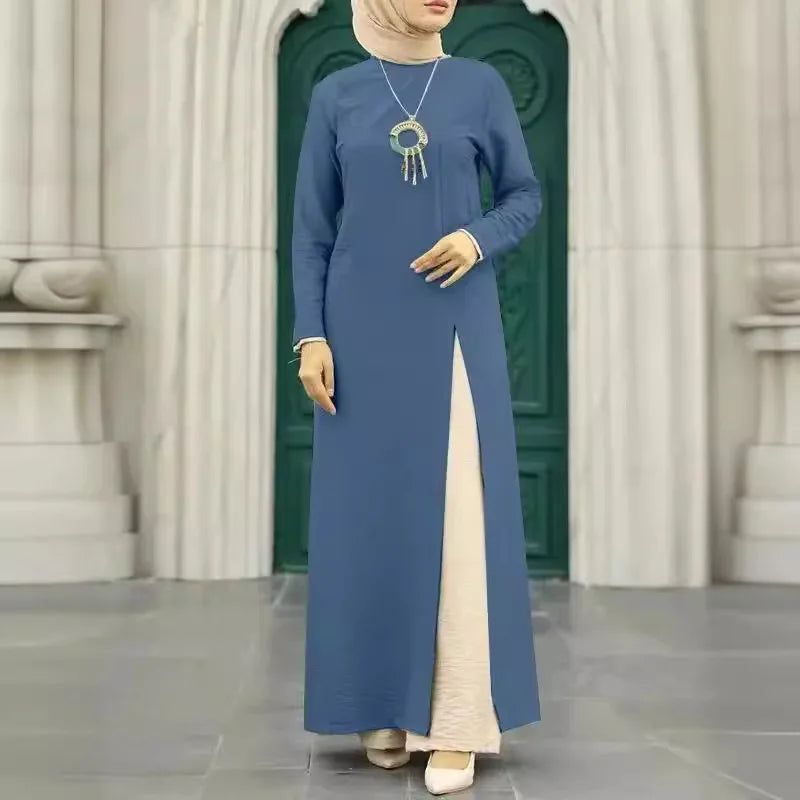 Muslim Women's Long Sleeve Crepe High Split Hem Dress.
