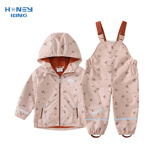 HONEYKING Children's Clothing Sets Raincoat Suit Baby Waterproof Overalls Pants Girls Jumpsuit For Kids Jacket And Trousers Set.