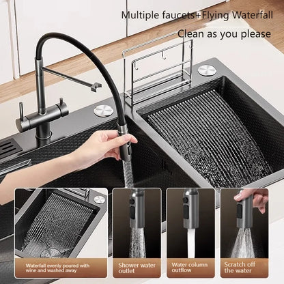 Waterfall Kitchen Sink Stainless Steel Multifunctional Undermount Washbasin Double Slot Dishwashing Sinks