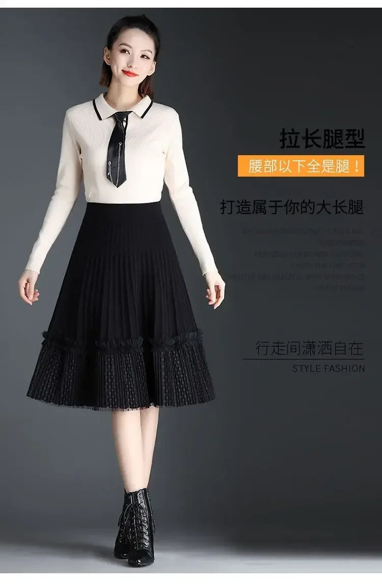 Korean Fashion Autumn Winter Women Solid Elastic High Waist Lace Patchwork Simplicity Mid-length A-line Pleated Knitted Skirt.