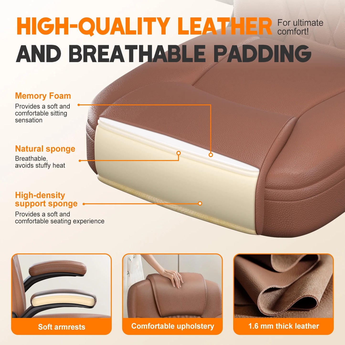 Daccormax Multifunktionaler Bürostuhl, Chefsessel aus hochwertigem Leder, bequeme Kopfstütze und Armlehnen, atmungsaktive Rückenlehne.