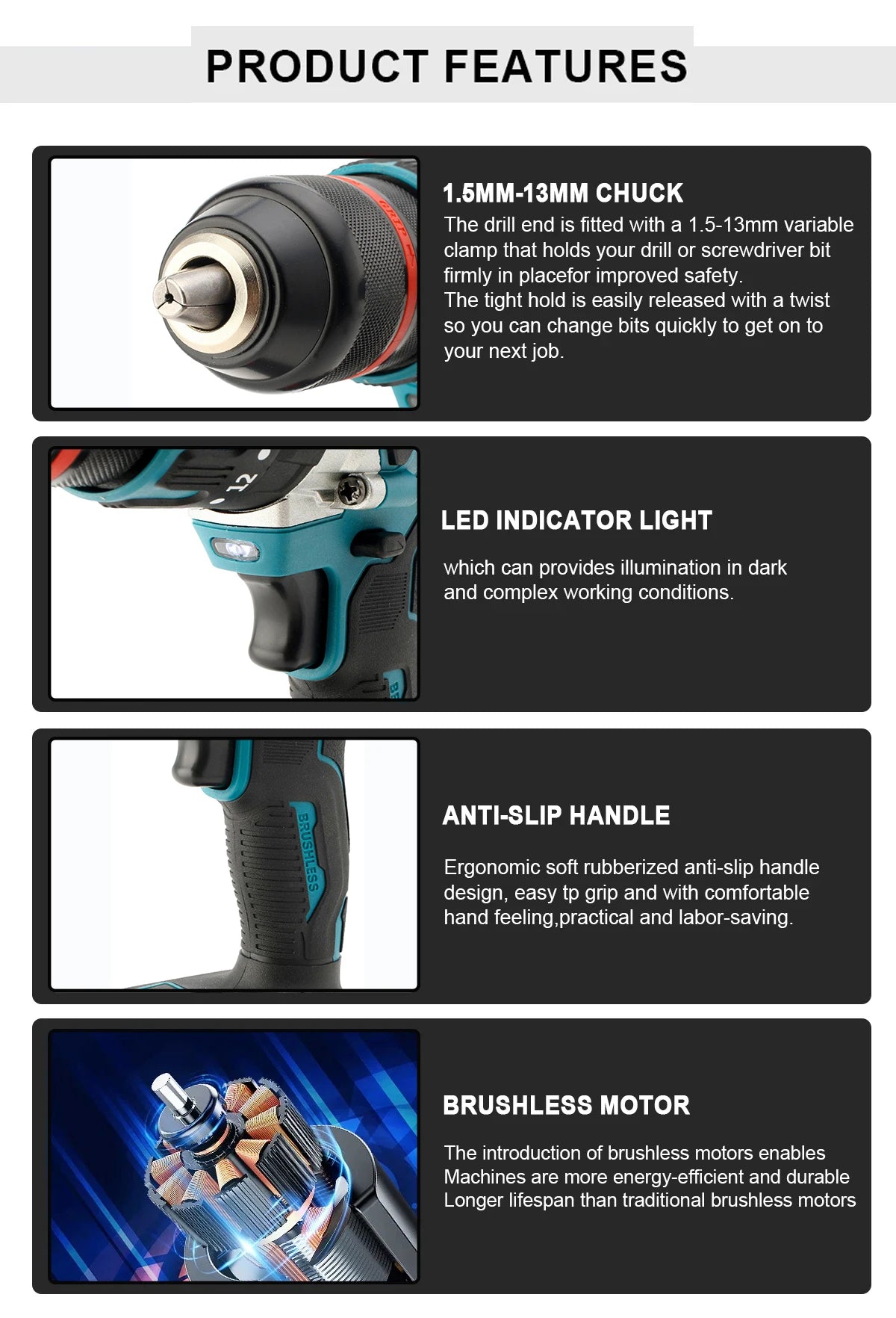 480 N.M Bürstenloser elektrischer Schlagbohrschrauber, 13 mm Akku-Bohrschrauber, Elektroschrauber, DIY-Treiber, Elektrowerkzeug für Makita 18 V Akku-Stift