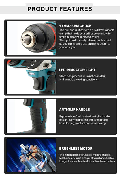 480 N.M Bürstenloser elektrischer Schlagbohrschrauber, 13 mm Akku-Bohrschrauber, Elektroschrauber, DIY-Treiber, Elektrowerkzeug für Makita 18 V Akku-Stift