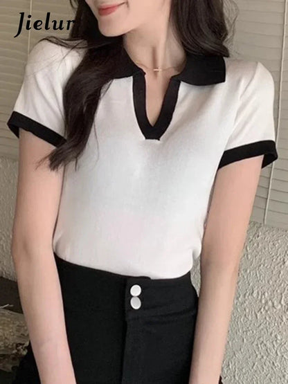 Jielur Spell Color Polo Knitting Women's Blouses Slim Sexy Short Sleeve Summer New Casual Female Blouse Chic Simple Office Lady.
