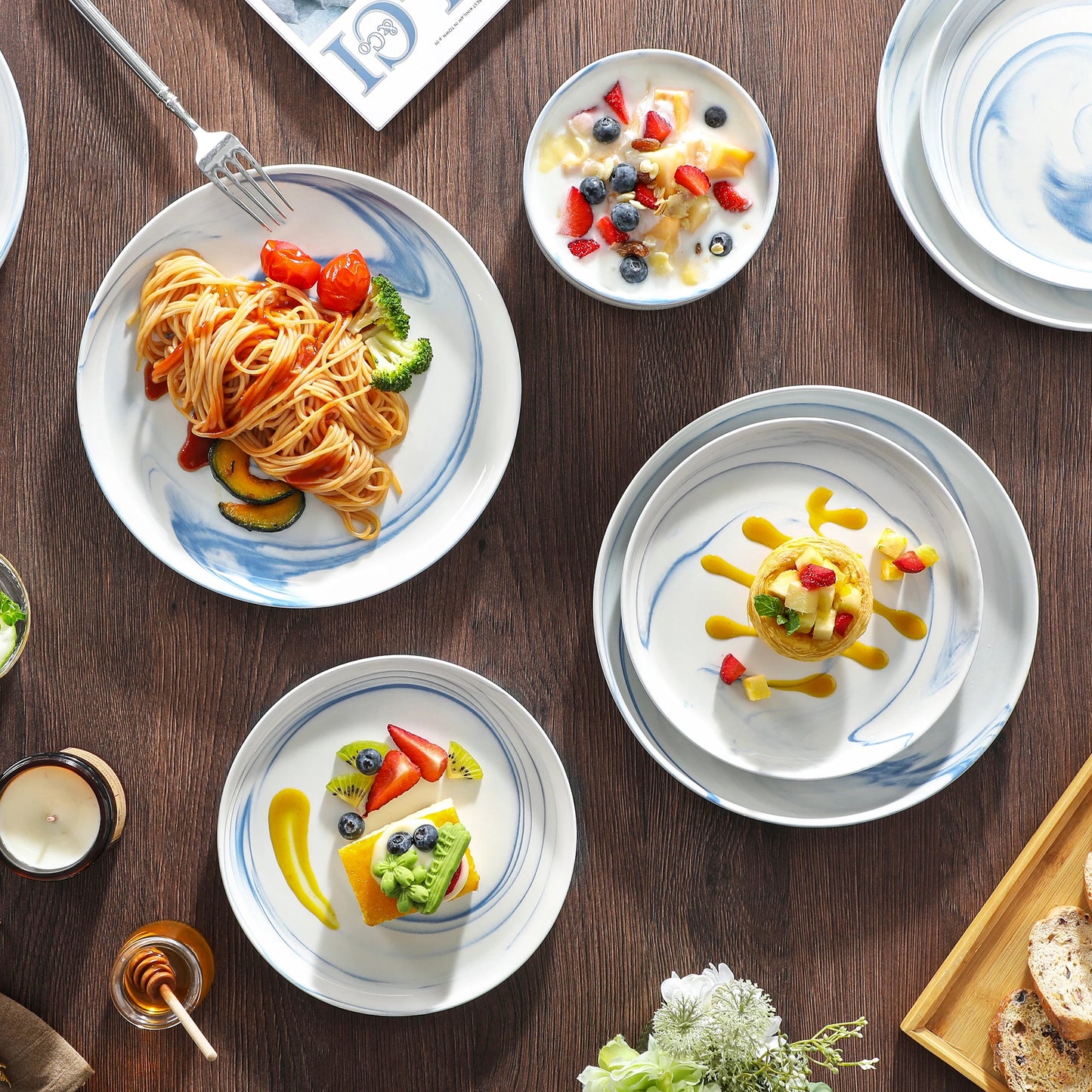 MALACASA 18/36-Piece Ceramic Plate Porcelain Dinnerware Set with 6/12 Pcs Dinner/Dessert Plates,Bowl Tableware Set for 6/12.