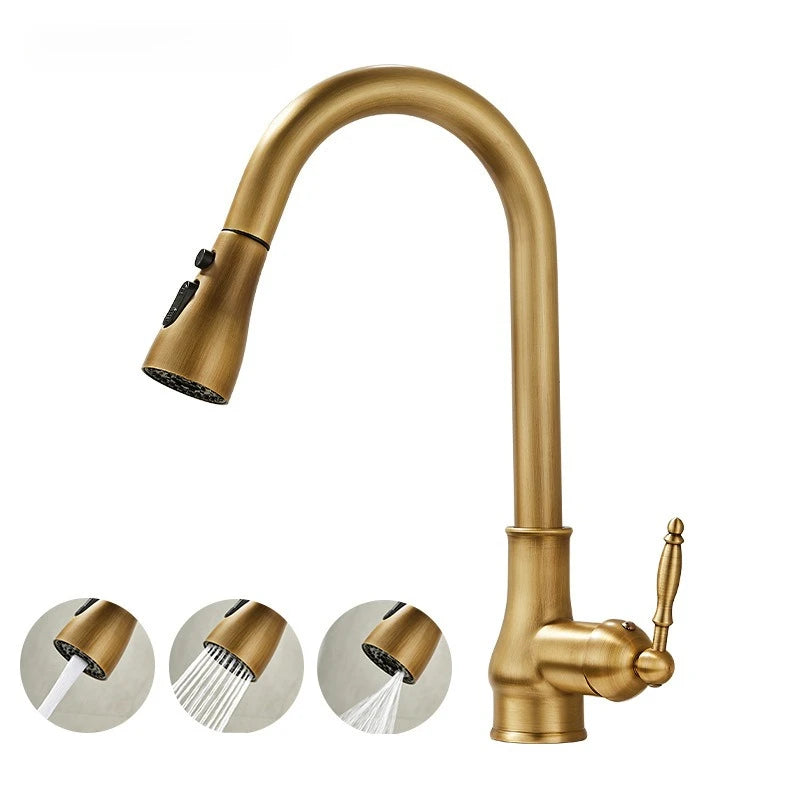 Antique Brass Kitchen Faucet Pull Out Spout Kitchen Faucets Black Single Hole Swivel Hot Cold Water Kitchen Mixers Taps