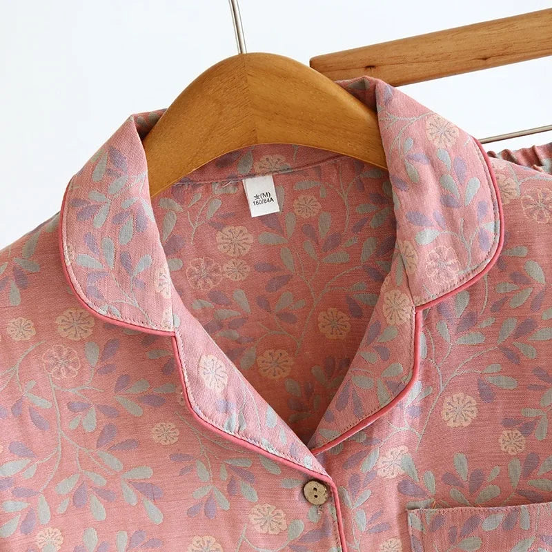 100% Cotton Crepe Homeclothes 2023 Autumn/Winter Women's Pajamas Suit Long-Sleeved Trousers 2-piece Yarn-Dyed Jacquard Pajamas