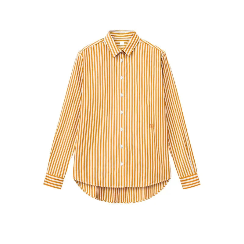LUXURY Women's Vertical Striped Shirt, Short Front and Back, Short, Vertical Striped Shirt, Loose Long Sleeve, Commuter Style