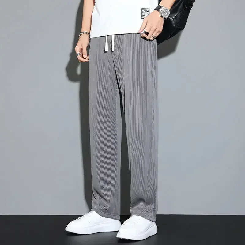 Summer Loose Ice Silk Pants Men's Drape 100KG Size Long Pants Fat Casual Sports Pants Wide Leg Straight Pants Tide Brand.