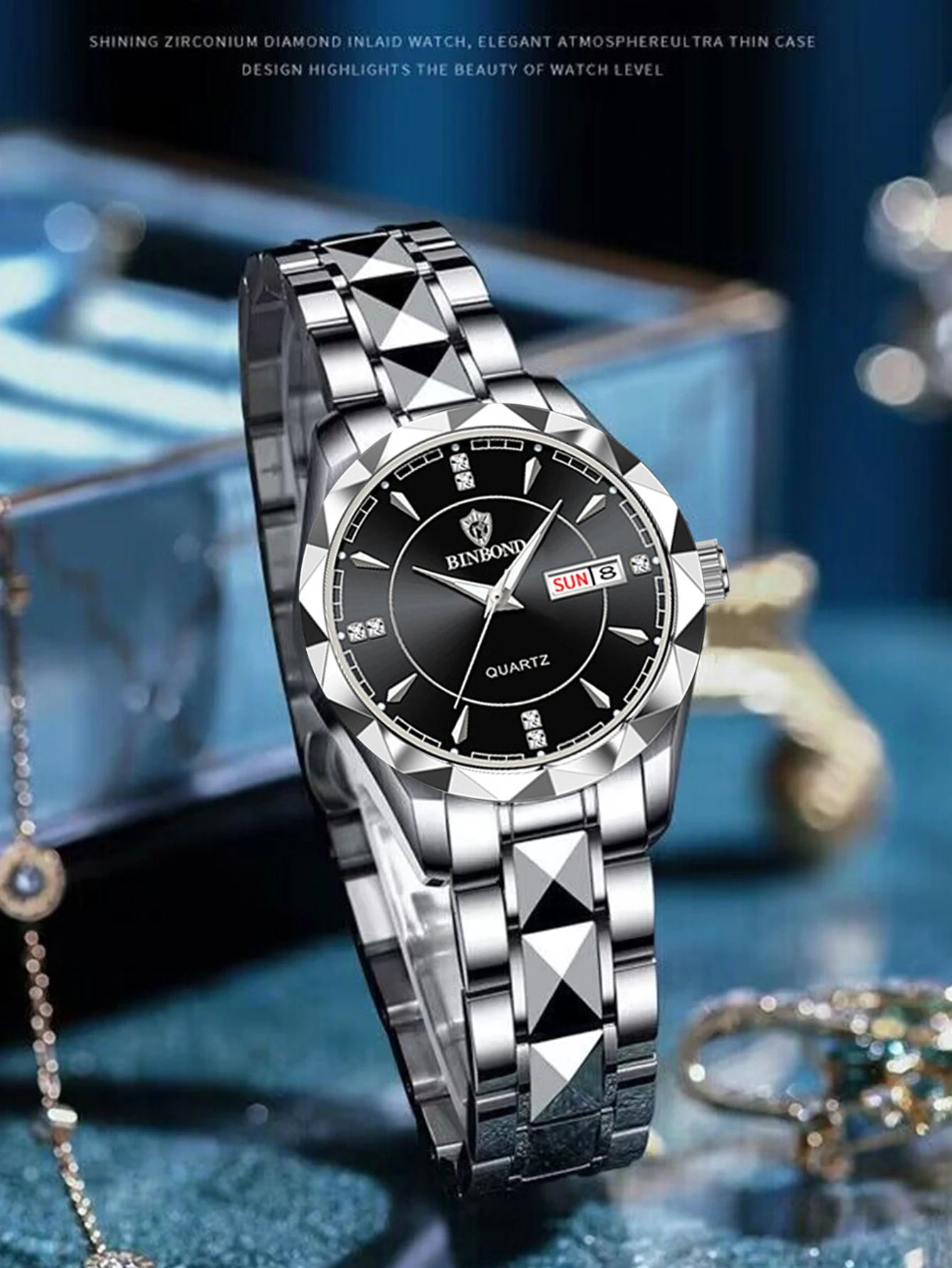 BINBONDB5552 30M Waterproof Luminous New Luxury Brand Quartz Womens Watches  Date Wristwatch Fashion Business Womens Watches.